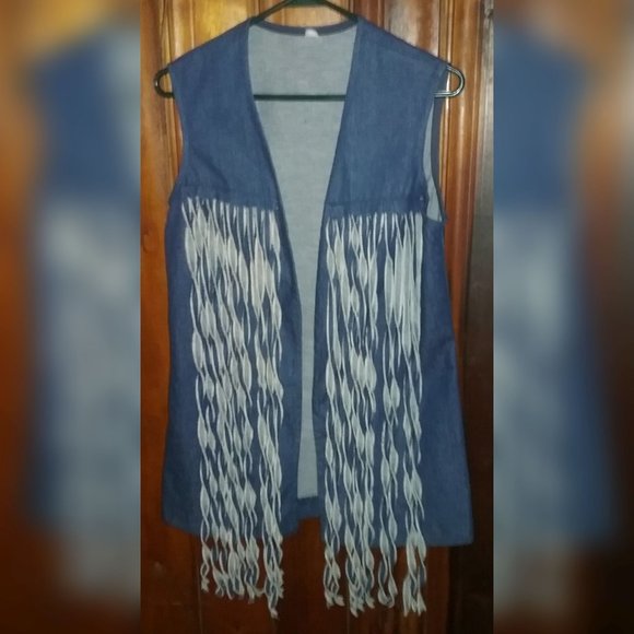 No Brand Tops - Unique Vintage '60s Denim Hippie Boho Vest Fringed